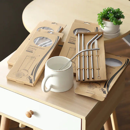 1 Set Reusable Stainless Steel Drinking Straws with Brush